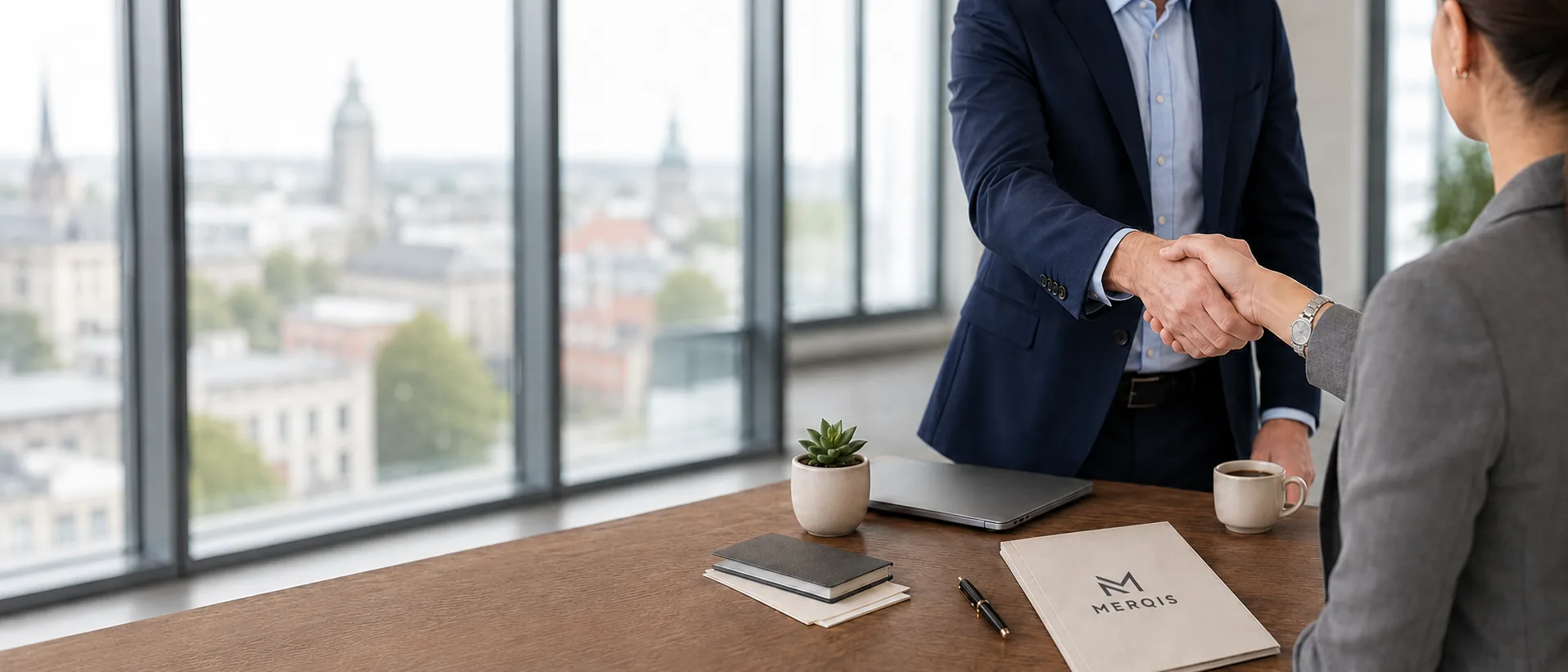 Handshake during a client meeting in a bright office