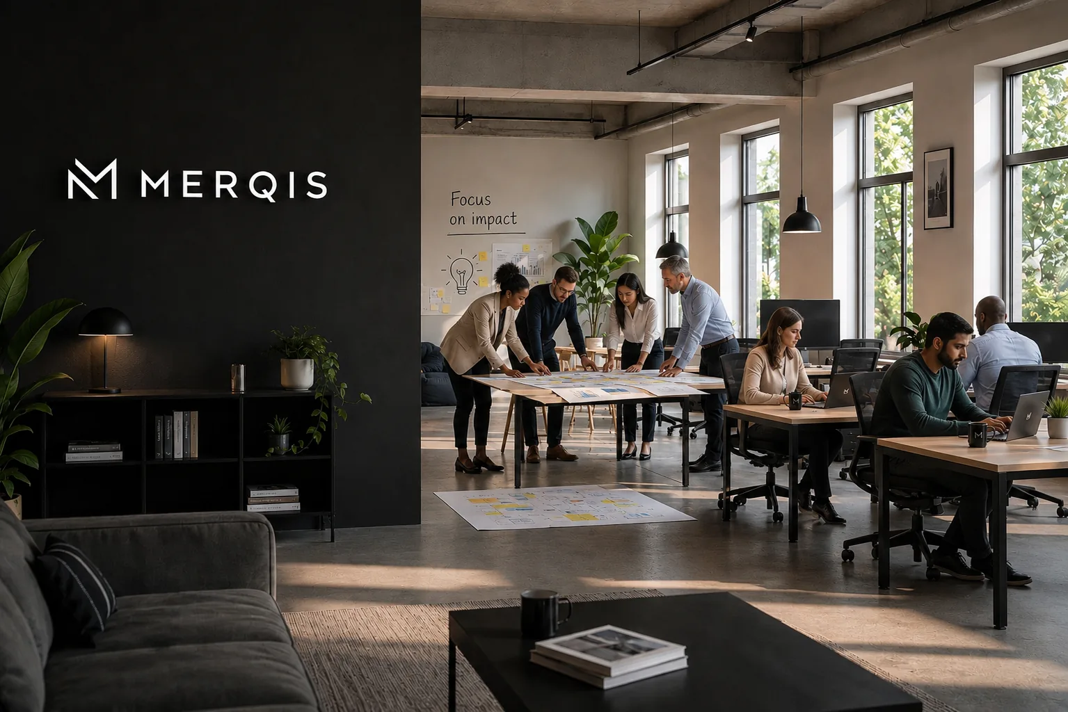 Merqis team working together around a project table in the office